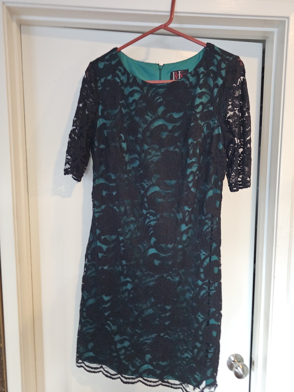 Teal Sheath Dress with Navy Lace Overlay